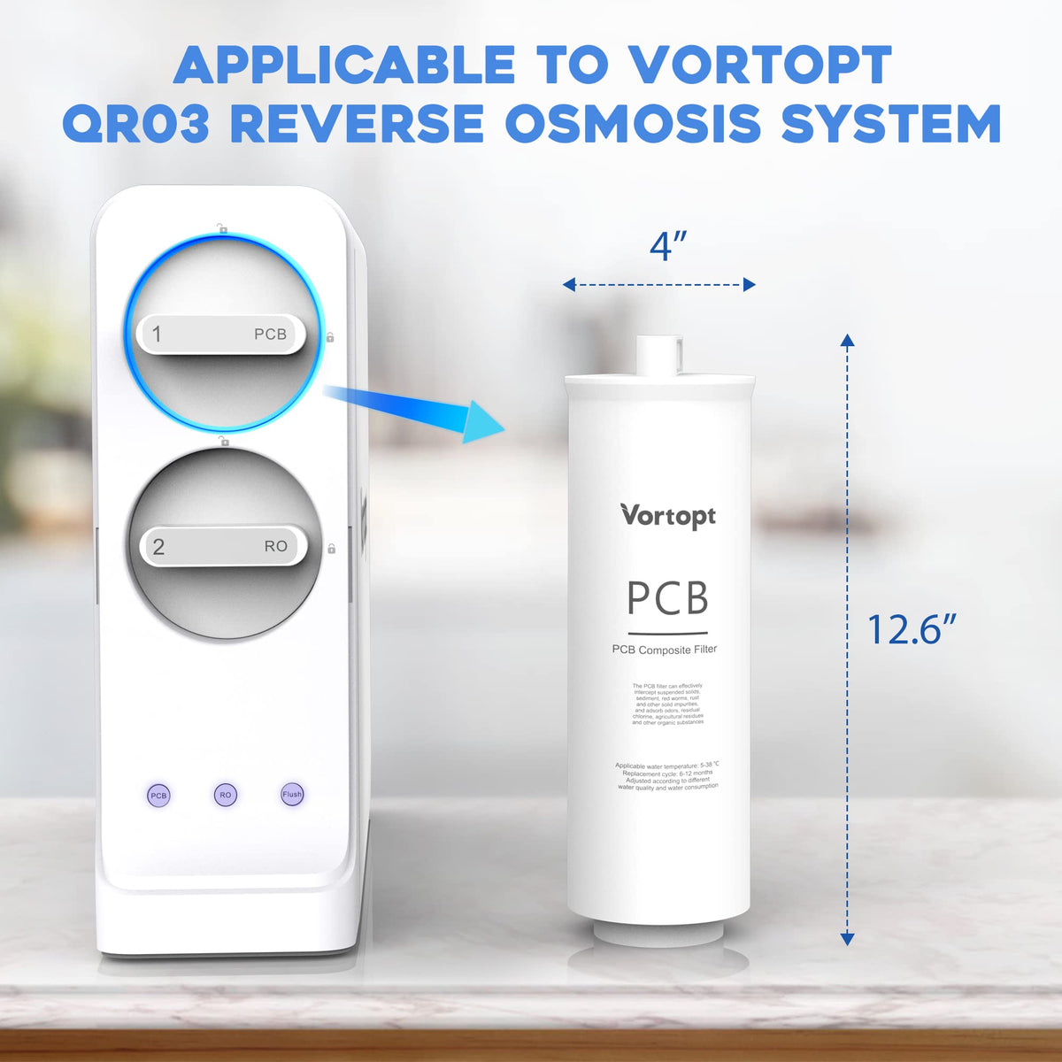 QR03 Reverse Osmosis System PCB Replacement Filter Cartridge, 6 to 12 Month Lifetime, 600GPD，Vortopt - Vortopt