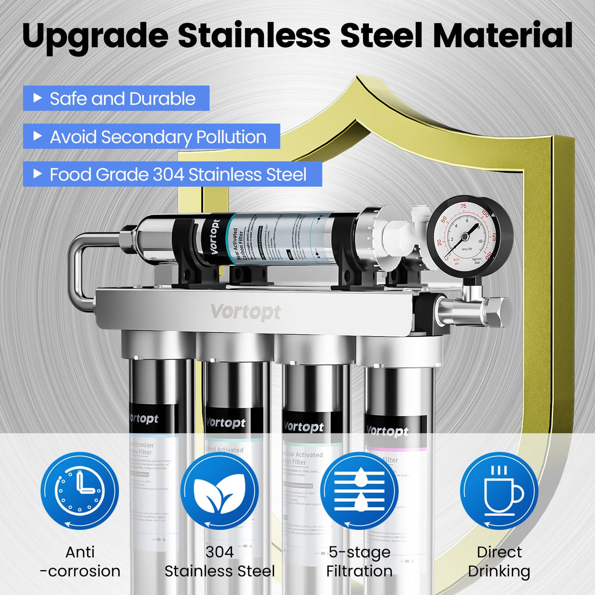 U1 Ultrafiltration 0.01 Micron Under Sink Water Filter - Stainless Steel 5-Stage High Chlorine Reduction Water Filtration System, Vortopt - Vortopt